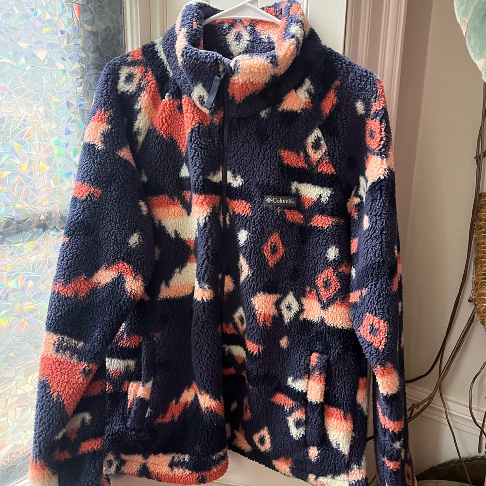 Columbia Navy Fleece Jacket with Coral & Cream Aztec Print